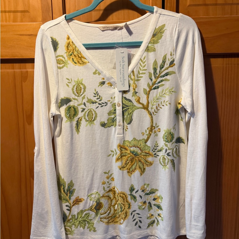 Soft Surroundings White Floral Henley with Green and Yellow Embroidery